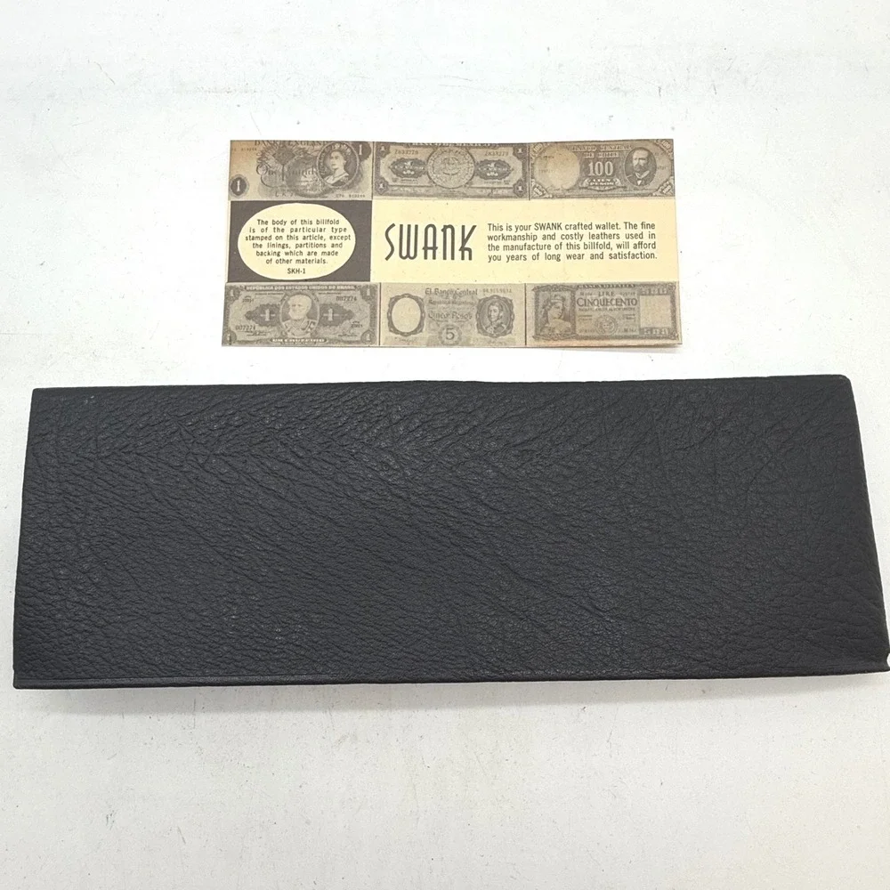 Vtg Swank Black Leather Billfold Wallet Snap Closure Mens SK3J-T 1960s unused